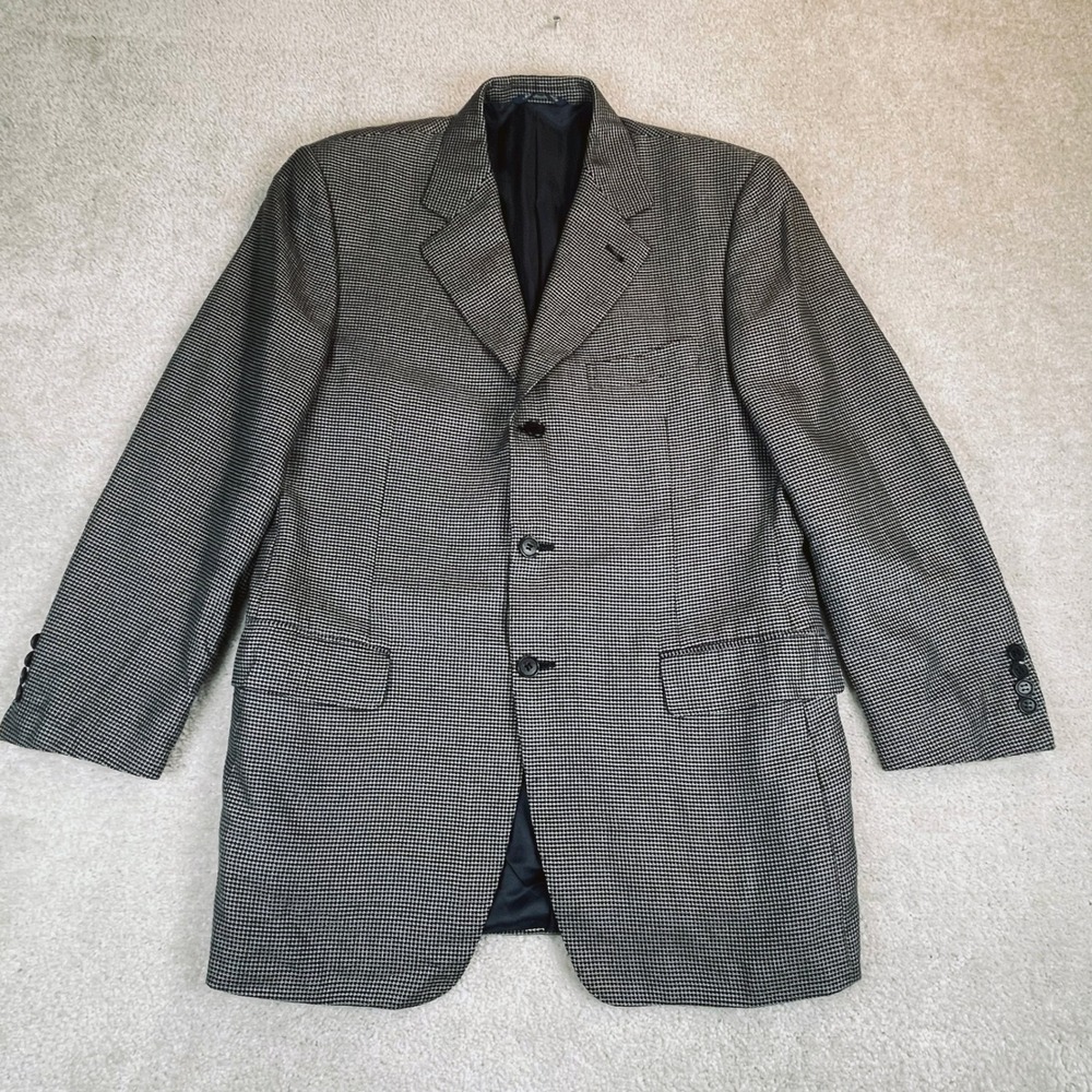 Canali Mens Silk Wool Blazer 40R Italy Black White Houndstooth Sport Coat Luxury